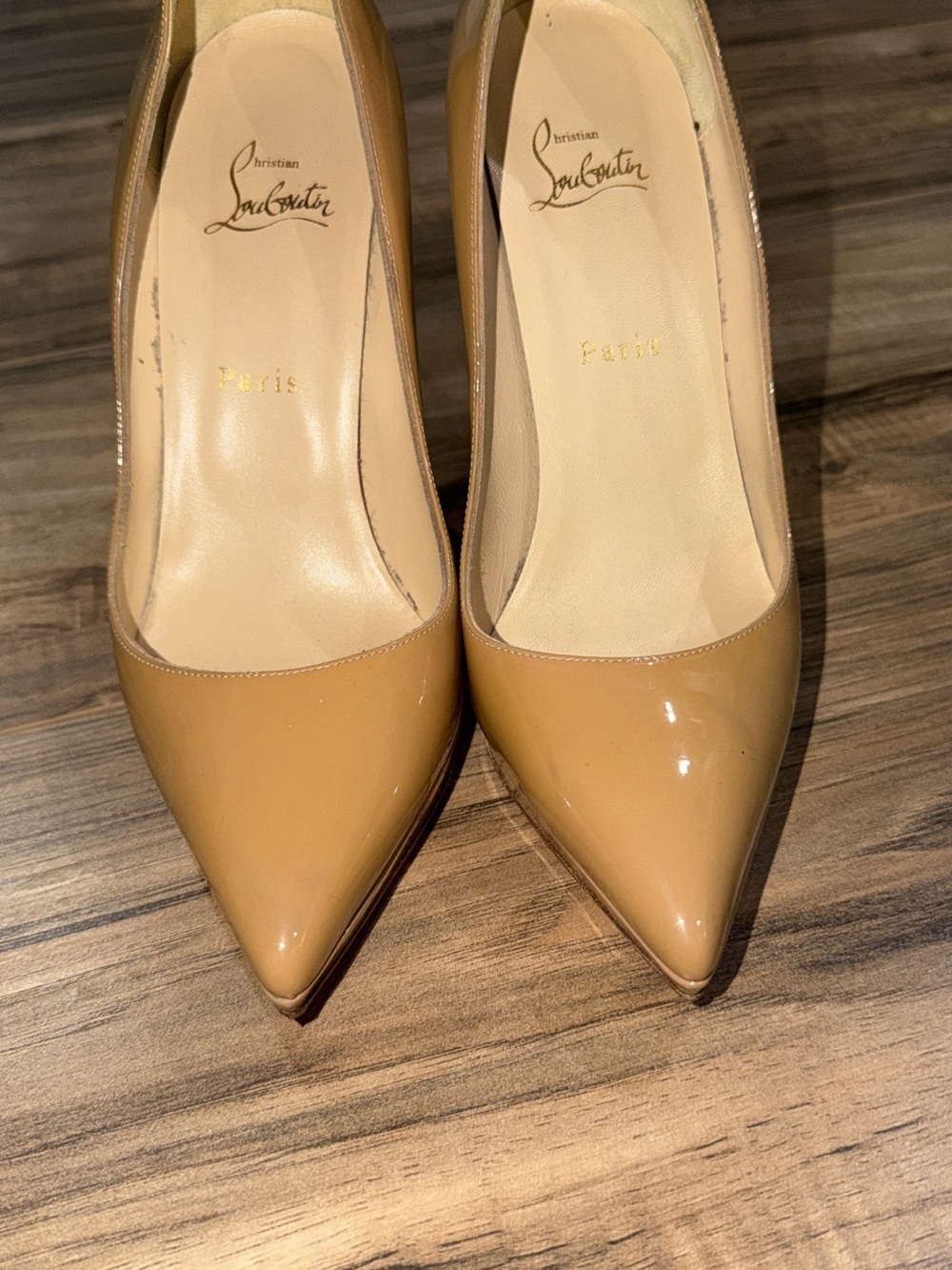 Christian Louboutin Tan Patent Pointed Toe Pumps